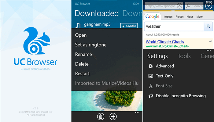 работа UC Browser в ОС Windows Phone
